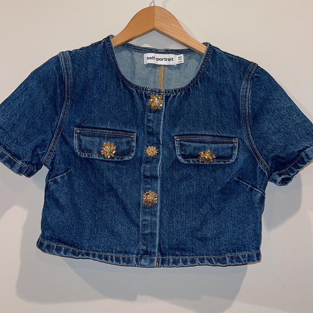 Self portrait short sleeve jewel denim crop jacket